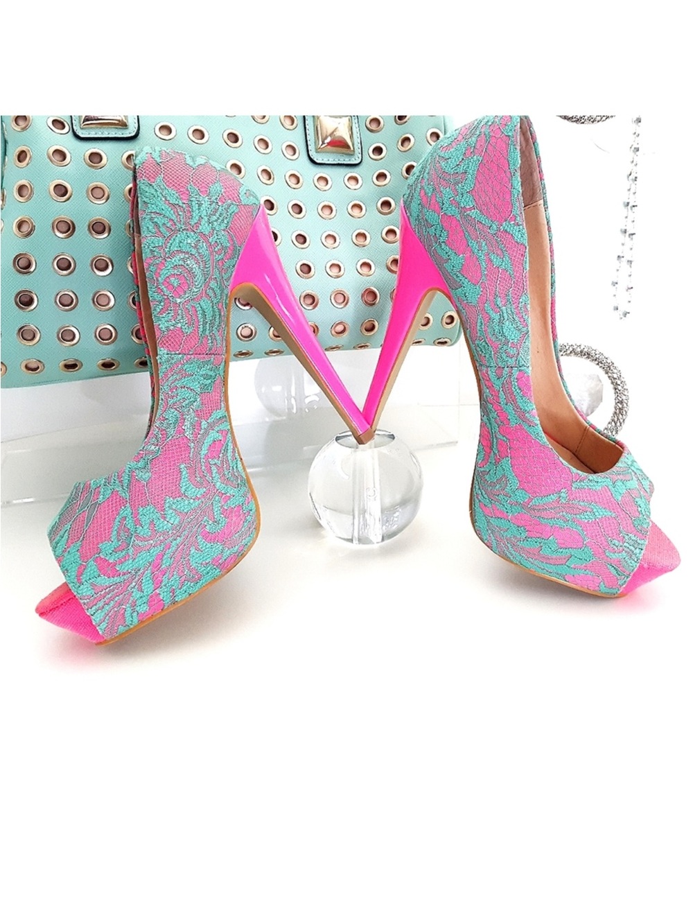 Material Girl Pink and Teal Lace Platform Peep-Toe Heels